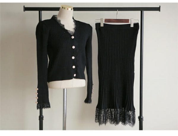 Korea Spring Buttons V-neck Lace Fishtail Knitting Dress Set 5