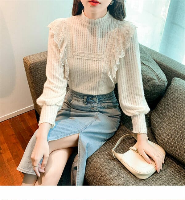 Korea Spring Fashion Lace Flouncing Puff Sleeve Blouse 5