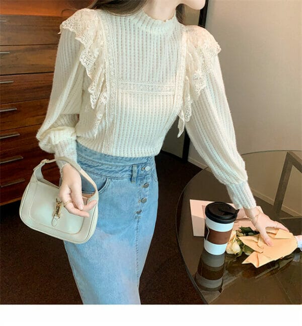 Korea Spring Fashion Lace Flouncing Puff Sleeve Blouse 4