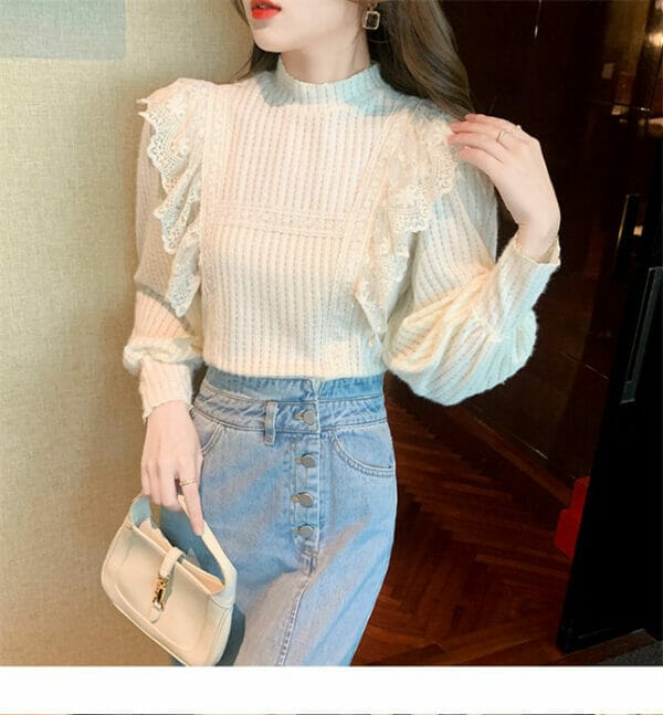 Korea Spring Fashion Lace Flouncing Puff Sleeve Blouse 2