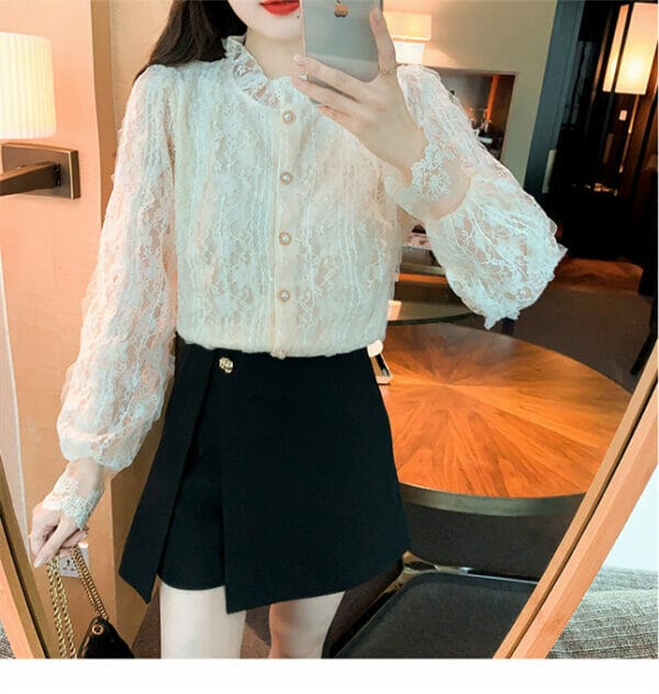 Korea Spring Fashion Lace Flowers Puff Sleeve Blouse 5