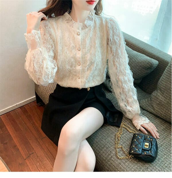 Korea Spring Fashion Lace Flowers Puff Sleeve Blouse 4