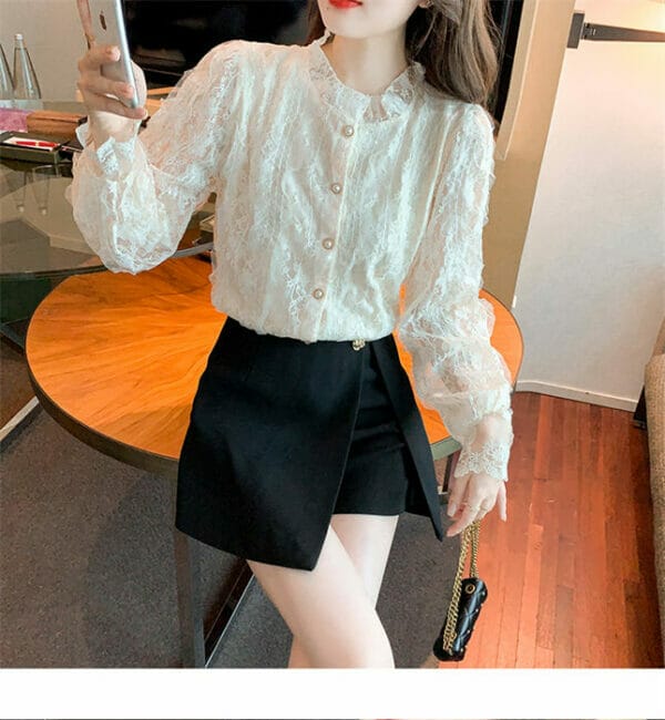 Korea Spring Fashion Lace Flowers Puff Sleeve Blouse 2