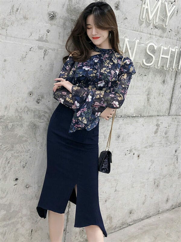 Korea Spring Flowers Chiffon Blouse with Fishtail Split Skirt 1