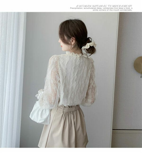 Korea Spring Lace Flowers V-neck Puff Sleeve Blouse 5