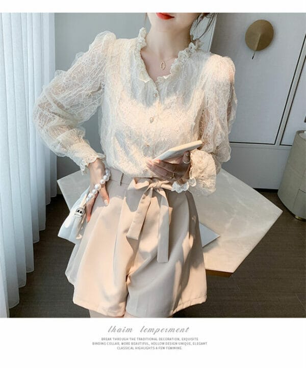 Korea Spring Lace Flowers V-neck Puff Sleeve Blouse 4