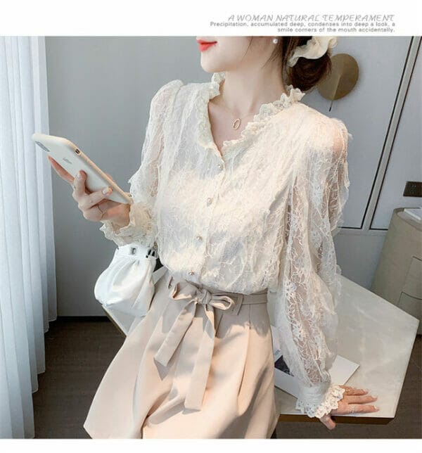 Korea Spring Lace Flowers V-neck Puff Sleeve Blouse 2