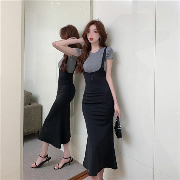 Korea Spring New Cotton T-shirt with Fishtail Straps Dress 4