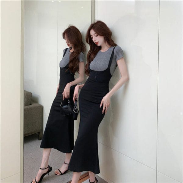 Korea Spring New Cotton T-shirt with Fishtail Straps Dress 2