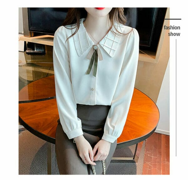 Korea Spring Plaids Doll Collar Bowknot Long Sleeve Blouse 4