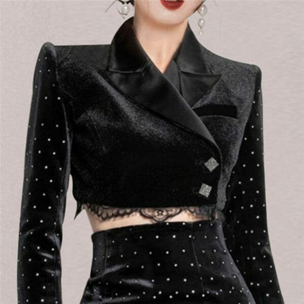 Korea Spring Tailored Collar Dots Velvet Slim Dress Set 3