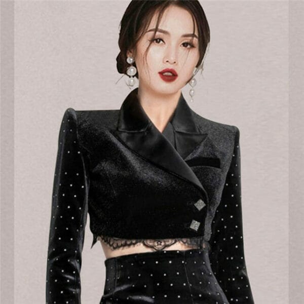 Korea Spring Tailored Collar Dots Velvet Slim Dress Set 2