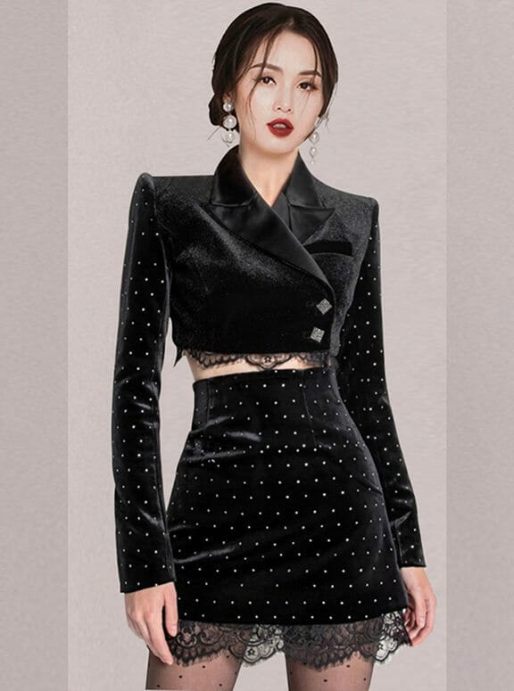 Korea Spring Tailored Collar Dots Velvet Slim Dress Set • Seoulinspired