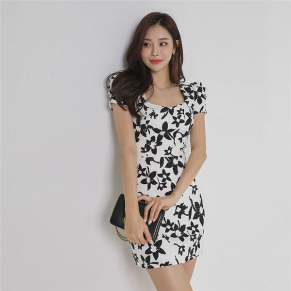 Korea Square Collar Flowers Slim Dress Set 3