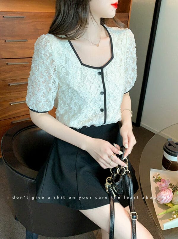 Korea Square Collar Petals Lace Short Sleeve Blouse 4