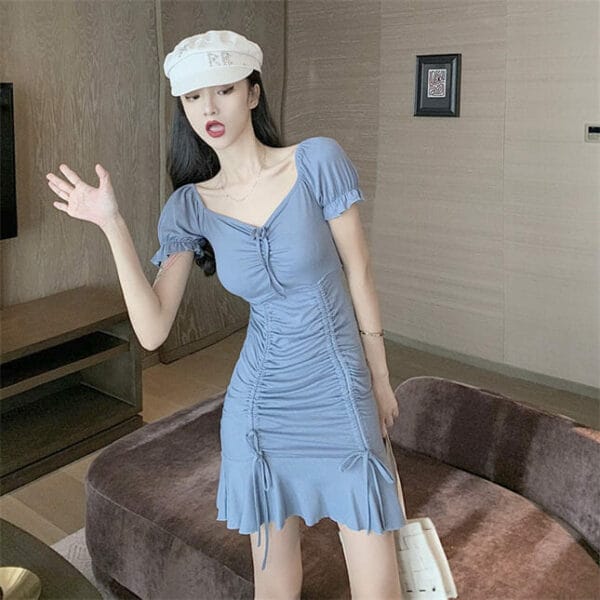 Korea Square Collar Pleated Fishtail Slim Dress 4