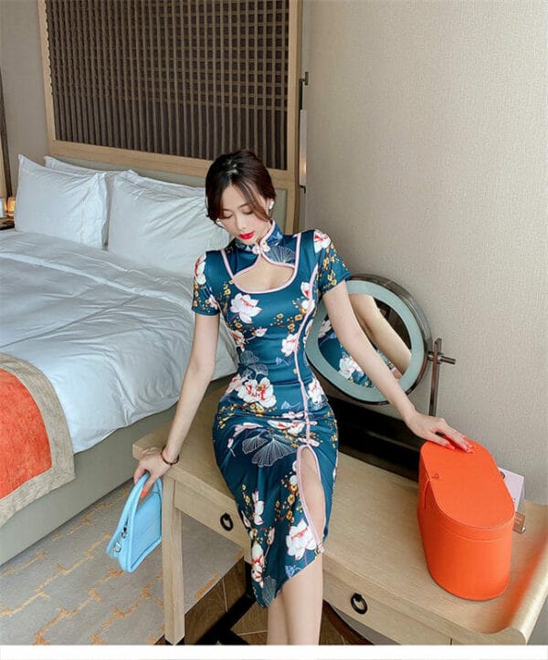 Korea Stand Collar Flowers Skinny Cheongsam Dress 4