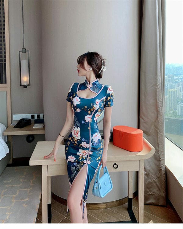 Korea Stand Collar Flowers Skinny Cheongsam Dress 2