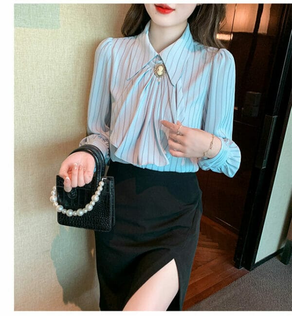 Korea Stripes Bowknot Collar Loosen Blouse 5