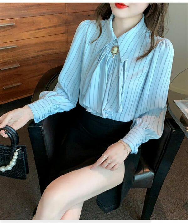 Korea Stripes Bowknot Collar Loosen Blouse 4