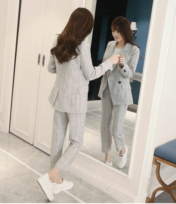 Korea Stylish 2 Colors Double-breasted Plaids Long Suits 6