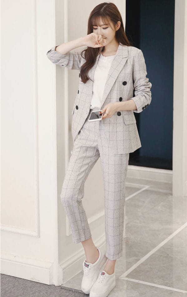 Korea Stylish 2 Colors Double-breasted Plaids Long Suits 5