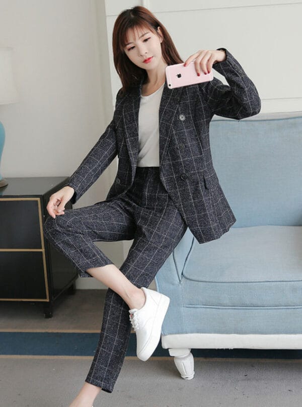 Korea Stylish 2 Colors Double-breasted Plaids Long Suits 2
