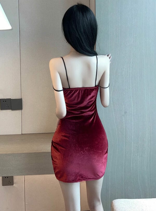 Korea Stylish 3 Colors V-neck Skinny Velvet Straps Dress 6