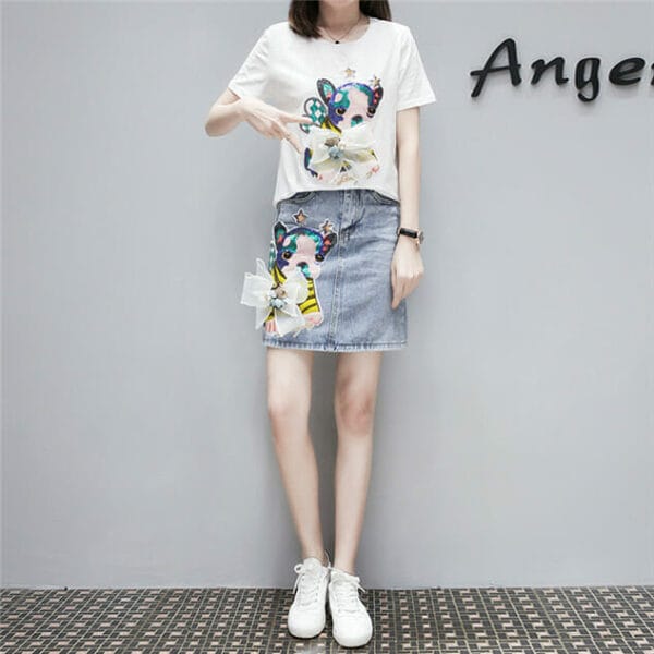 Korea Stylish Cartoon Sequins T-shirt with Slim Denim Skirt 2