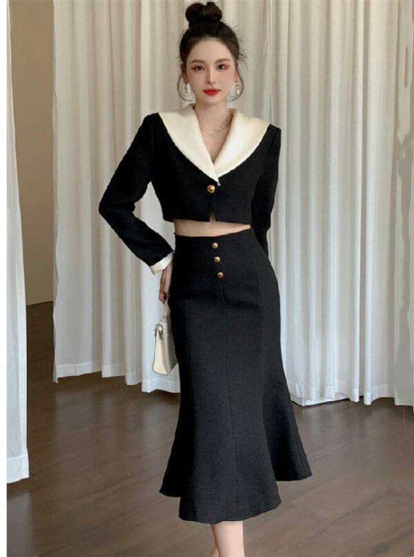 Korea Stylish Color Block Wraps Short Tops with Fishtail Skirt 1