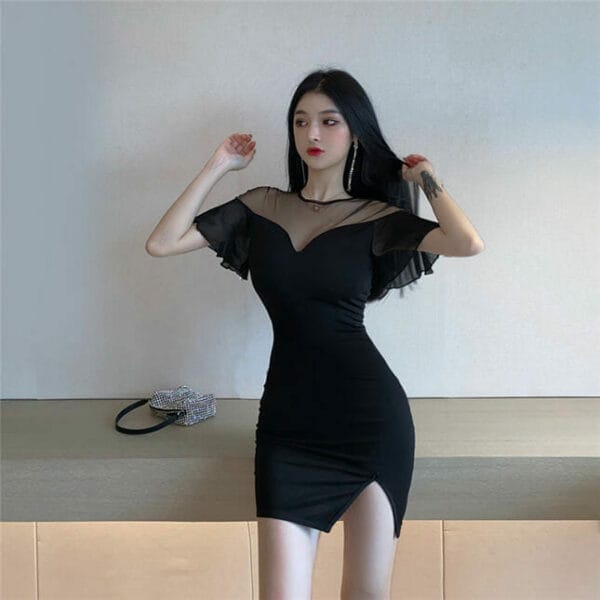 Korea Stylish Gauze Shoulder Flouncing Sleeve Slim Dress 2