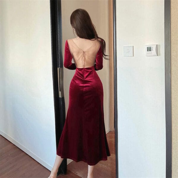 Korea Stylish Gauze Splicing V-neck Split Velvet Long Dress 5