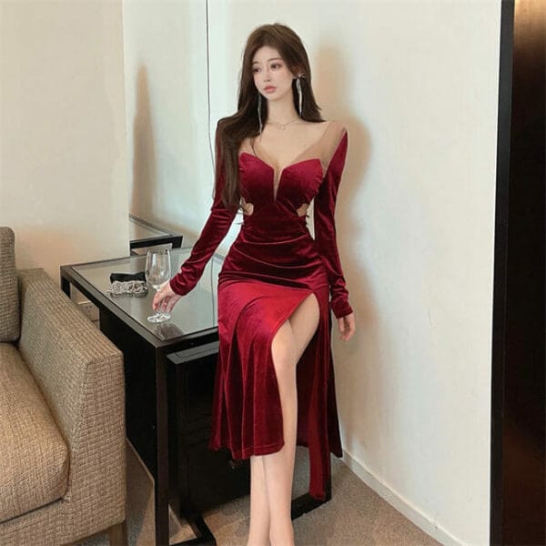 Korea Stylish Gauze Splicing V-neck Split Velvet Long Dress 2