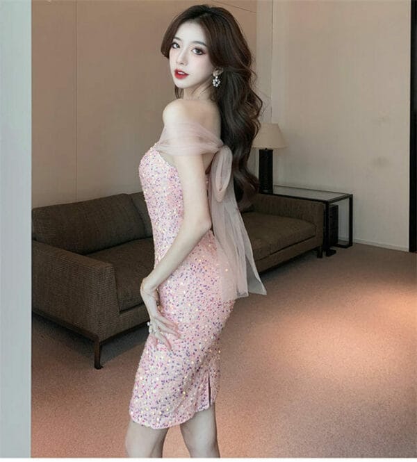 Korea Stylish Gauze Tie Bowknot Strapless Sequins Dress 5