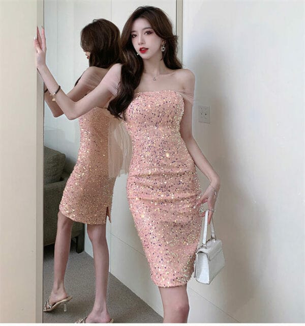 Korea Stylish Gauze Tie Bowknot Strapless Sequins Dress 3