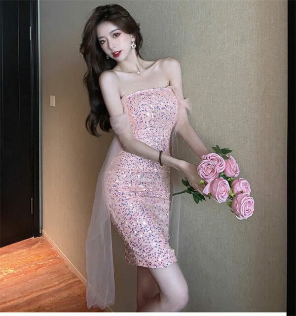 Korea Stylish Gauze Tie Bowknot Strapless Sequins Dress 2