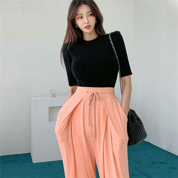 Korea Stylish Knit T-shirt with Tie Waist Casual Long Pants 4