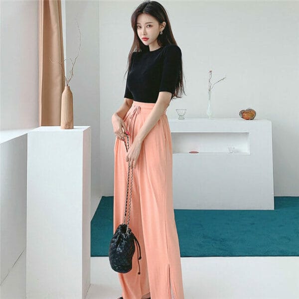 Korea Stylish Knit T-shirt with Tie Waist Casual Long Pants 3