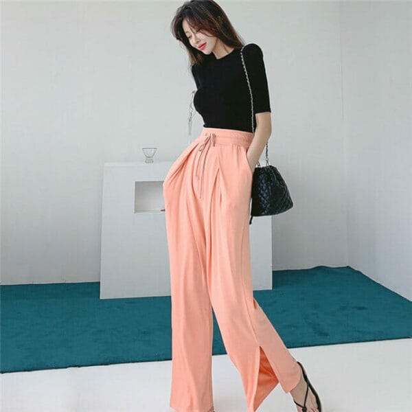 Korea Stylish Knit T-shirt with Tie Waist Casual Long Pants 2