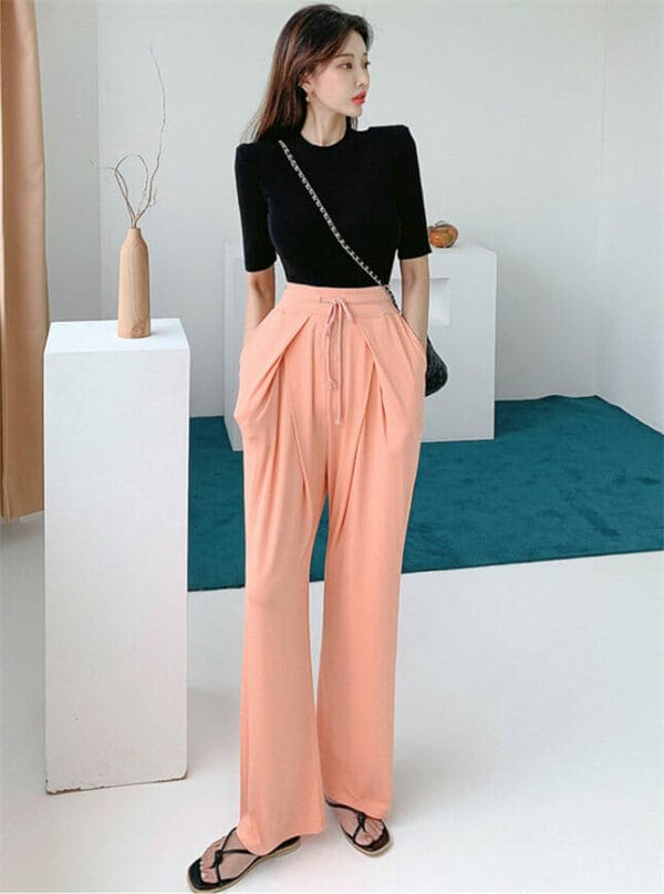 Korea Stylish Knit T-shirt with Tie Waist Casual Long Pants 1