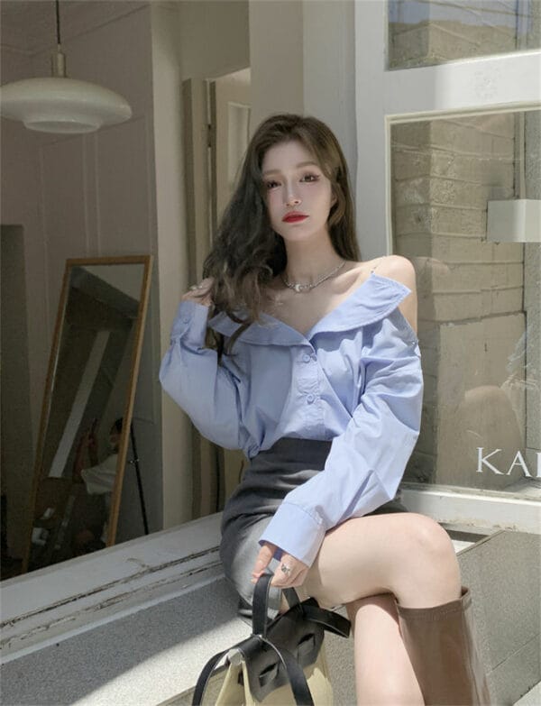 Korea Stylish Off Shoulder Loosen Blouse with Pleated Skirt 4