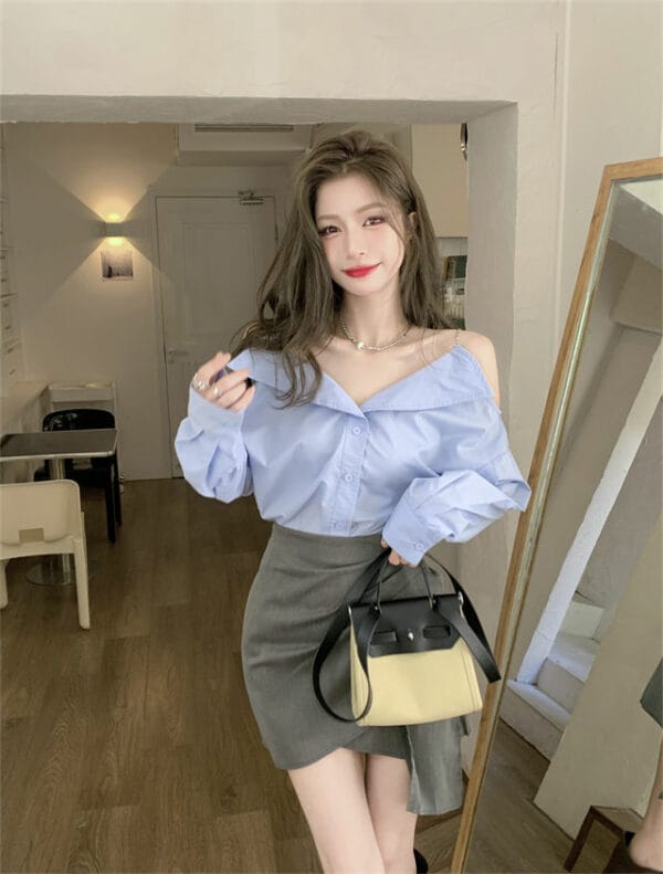 Korea Stylish Off Shoulder Loosen Blouse with Pleated Skirt 3