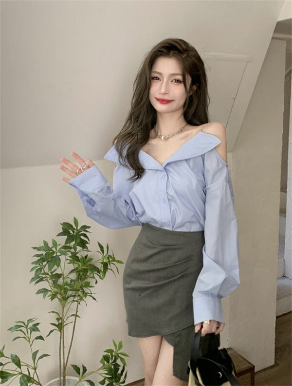 Korea Stylish Off Shoulder Loosen Blouse with Pleated Skirt 2