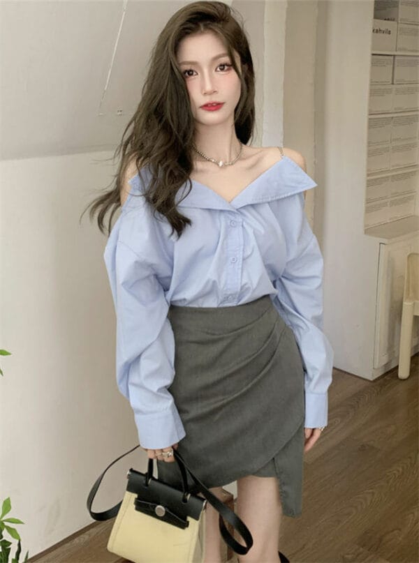 Korea Stylish Off Shoulder Loosen Blouse with Pleated Skirt 1