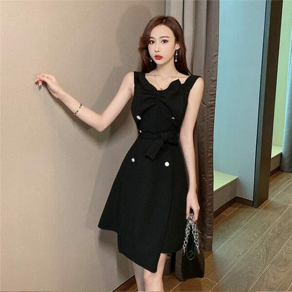 Korea Stylish Pleated V-neck Double-breasted Tank Dress 4