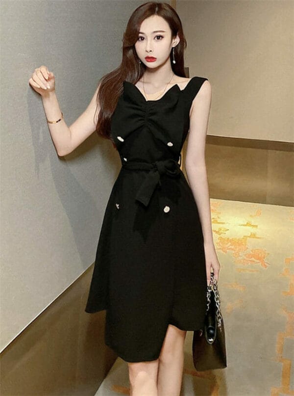 Korea Stylish Pleated V-neck Double-breasted Tank Dress 1