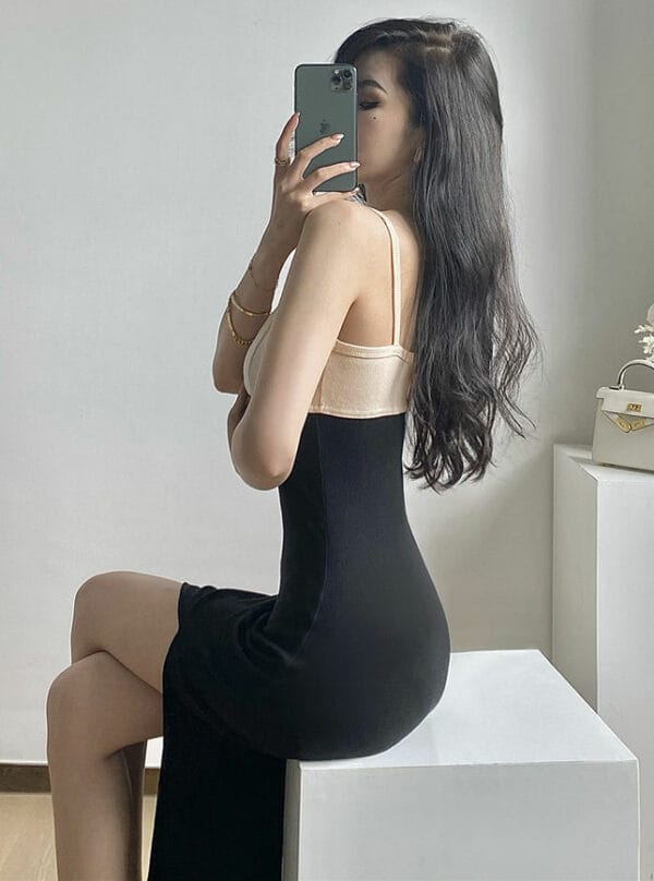 Korea Stylish Short Tops with Color Block Straps Long Dress 6