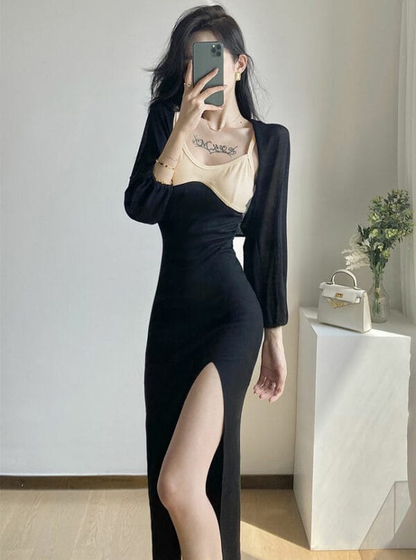 Korea Stylish Short Tops with Color Block Straps Long Dress 2