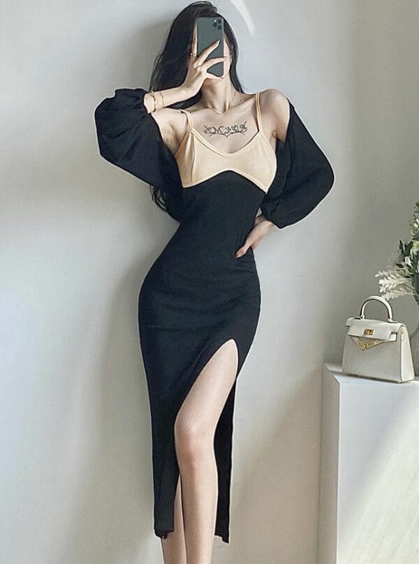 Korea Stylish Short Tops with Color Block Straps Long Dress 1