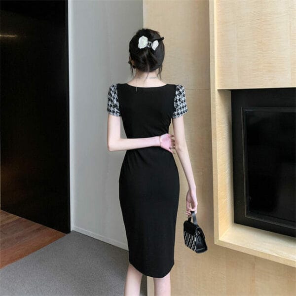 Korea Stylish Square Collar Houndstooth Short Sleeve Slim Dress 5